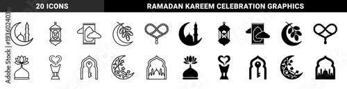 Islamic heritage symbol collection featuring hybrid moon mosque mosque dome lotus flower and prayer rug prayer bead designs in outline and solid styles