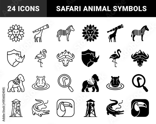 Wild animal hybrid symbols merging safari fauna with observation tools and geometric shapes in linear and solid styles for conservation branding