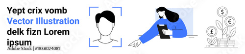 Identity verification, financial growth, report analysis, business tools, facial recognition, career development. Minimal face recognition icon, woman analyzing documents money growth tree. Identity