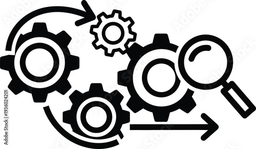 Gears and magnifying glass in motion for analysis and improvement process wqe (400)