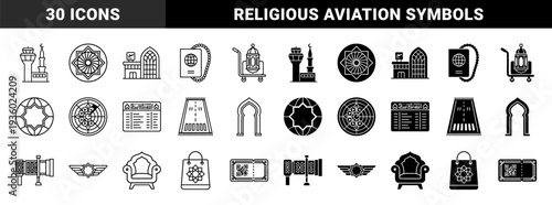 Islamic travel and aviation hybrid icons featuring airport control tower minaret passport prayer beads lantern luggage trolley and runway prayer rug