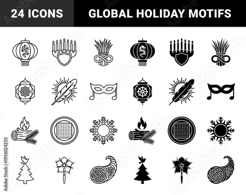 Hybrid cultural holiday symbols merging traditional motifs like dragon lanterns with dharma wheels and hanukkah menorahs in outline and solid styles