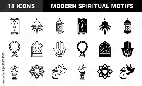 Islamic spiritual hybrid symbols merging traditional motifs with modern concepts including prayer rug compass palm tree mosque and rosary dna strand