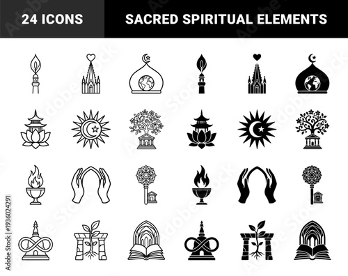 Ecumenical religious symbols merging sacred architecture with spiritual elements and natural motifs in a unique hybrid minimalist style for interfaith unity
