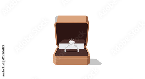 A gleaming silver diamond engagement ring rests inside an open light brown box, casting a subtle shadow on a white surface.