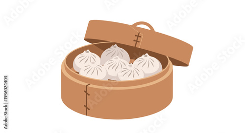 Six white pleated dumplings are nestled within an open light brown bamboo steamer basket, presented on a clean white surface.