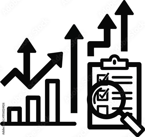 Analyzing upward trends in business data with a magnifying glass on a checklist document, wqe (405) reference