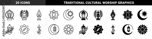 Islamic religious symbols featuring traditional lanterns integrated with prayer beads olive branches crescent moons and qibla compass directional pointers