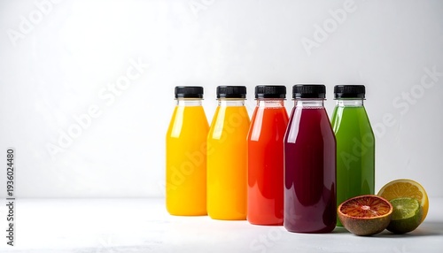 Colorful Fruit Juices in Bottles - Healthy and Refreshing Drinks.