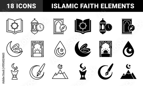 Islamic religious symbols merging traditional faith icons with modern time management and guidance elements in outline and solid hybrid style