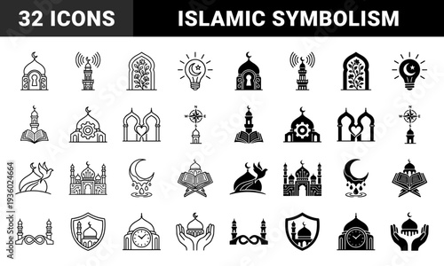 Islamic symbolic hybrid design featuring mosque architecture merged with light bulb book compass clock and gear elements in outline and solid style