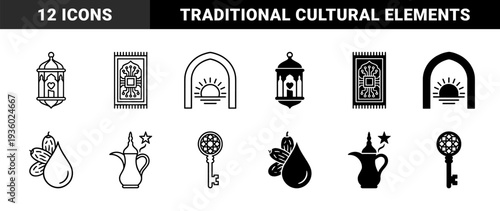 Islamic heritage symbol collection featuring hybrid motifs with geometric patterns and cultural elements in both linear and solid style variants