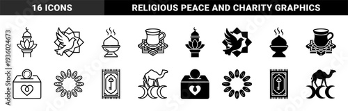Islamic spiritual and cultural symbols featuring hybrid motifs of lotus minarets peace doves prayer mats and charity boxes in outline and solid styles