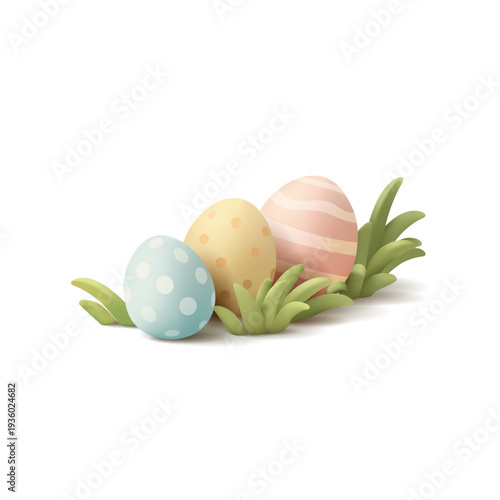 Easter eggs in green grass, 3D. Composition for Easter concepts on white background. Icon, celebration symbol. Vector illustration.