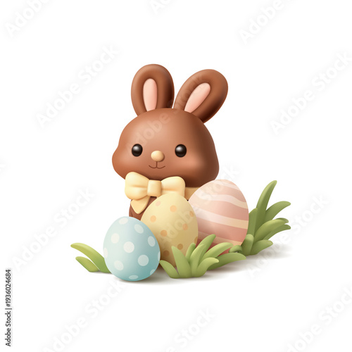 Chocolate bunny with bow hiding in grass with Easter eggs, 3D. Elements on white background for Easter celebration, children's entertainment. Vector illustration.