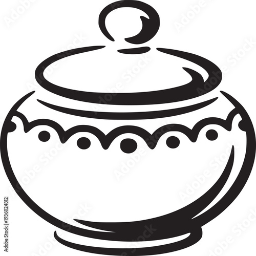 A simple black and white drawing of a closed jar with a round knob on the lid and a decorative border