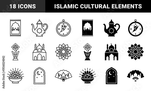 Islamic culture and ramadan religious symbols featuring prayer rug teapot qibla compass incense burner mosque architecture date fruit and crescent moon