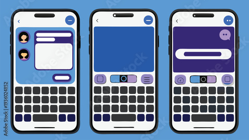 iMessages dual chat interface mockup with bubble conversations keyboard, modern unified messaging layout, messaging experience vector illustration, Mobile Messaging App UI with Smartphone Screens