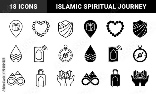 Islamic Pilgrimage Hajj and Umrah Hybrid Icons Featuring Kaaba Location Pin Prayer Mat Wifi Signal and Winged Sandals for Spiritual Travel
