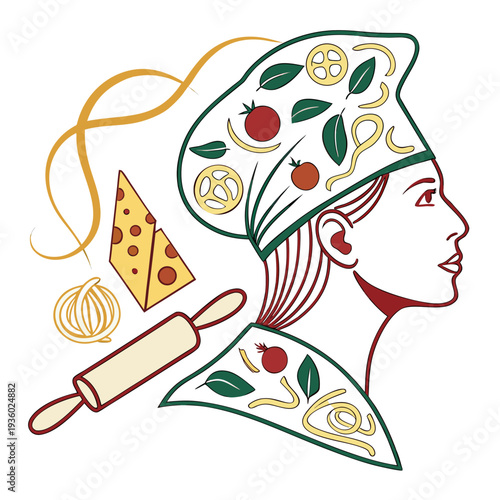 Creative vector illustration of chef silhouette composed entirely from kitchen ingredients isolated on white background