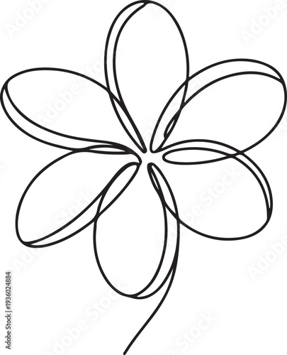 One continuous line drawing of Plumeria flower. Frangipani blossom with petals for floral tattoo in simple linear style. one line Icon drawing