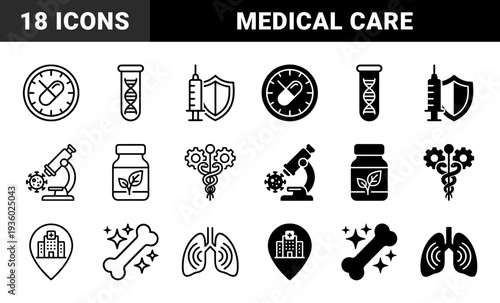 Medical and Healthcare Hybrid Icons Featuring DNA Test Tubes Microbes Under Microscope Pharmacy Bottles and Lung Respiratory Care Graphic Elements
