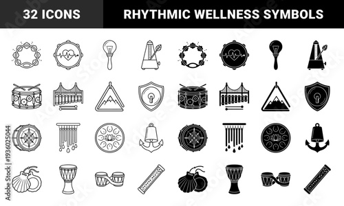 Hybrid musical instrument and mindfulness symbol collection featuring percussion merged with nature health and spiritual elements in dual line and solid style