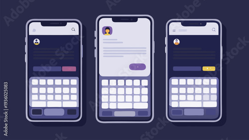 iMessages dual chat interface mockup with bubble conversations keyboard, modern unified messaging layout, messaging experience vector illustration, Mobile Messaging App UI with Smartphone Screens