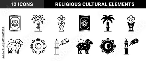 Islamic cultural hybrid icons featuring prayer rug with floral geometry minaret palm tree fusion incense burner and ram sheep with celestial stars