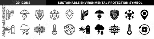Hybrid climate and energy security concepts featuring thermometer leaf silhouettes storm shield symbols and power plug lightning bolt weather fusion