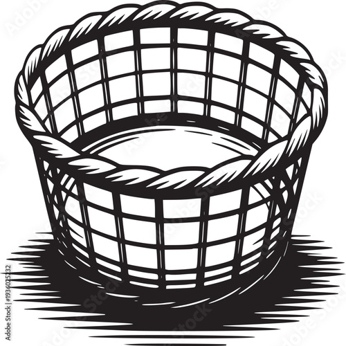 Monochrome illustration of an empty woven basket with a braided rim on a white background surface