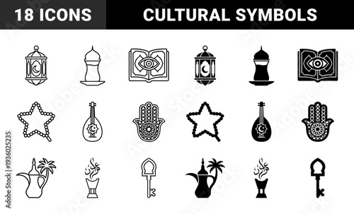 Islamic cultural symbols featuring hybrid design elements with lantern moon crescent incense burner and hamsa hand in line and solid styles