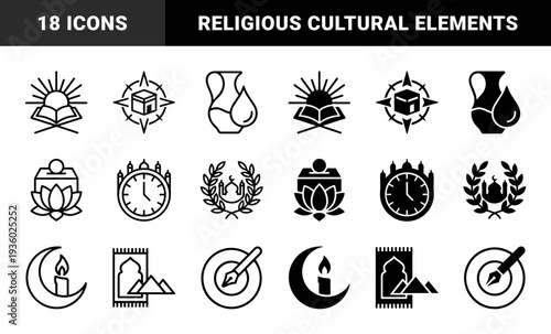 Islamic religious symbols combined with organic and geometric elements featuring quran with sunrise kaaba compass and mosque prayer rug motifs