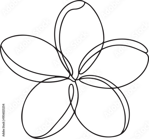 One continuous line drawing of Plumeria flower. Frangipani blossom with petals for floral tattoo in simple linear style. one line Icon drawing