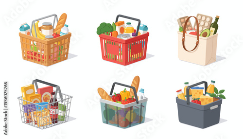 Six different types of shopping baskets and bags filled with various groceries and food items, illustrating different shopping experiences.