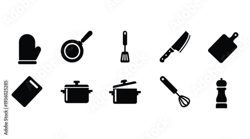 Kitchen Utensils and Cooking Equipment Glyph Icon Set