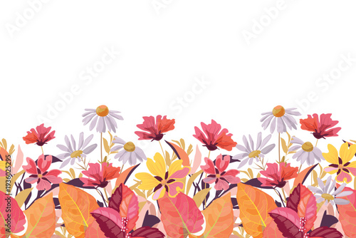 Vector floral seamless pattern. Pink, yellow, white flowers on a white background