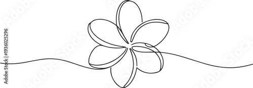 One continuous line drawing of Plumeria flower. Frangipani blossom with petals for floral tattoo in simple linear style. one line Icon drawing