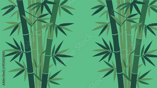Vibrant green bamboo stalks with leaves on solid background