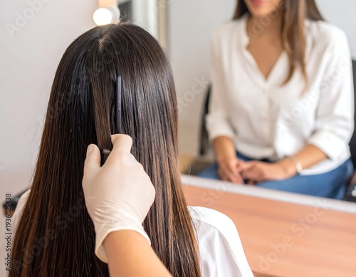 Hair treatment application for healthy and shiny hair in salon.