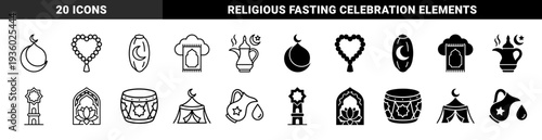 Islamic Cultural Symbols and Ramadan Traditions Featuring Moon Mosque Hybrids Prayer Rug Clouds and Ornate Pitcher Outline and Solid Style