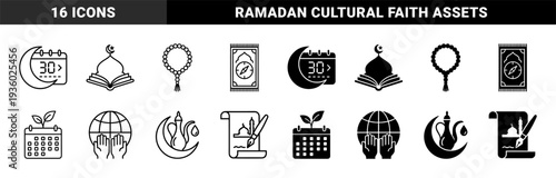 Islamic religious symbols and hybrid cultural icons featuring moon calendar mosque book prayer beads carpet and globe with hands for ramadan