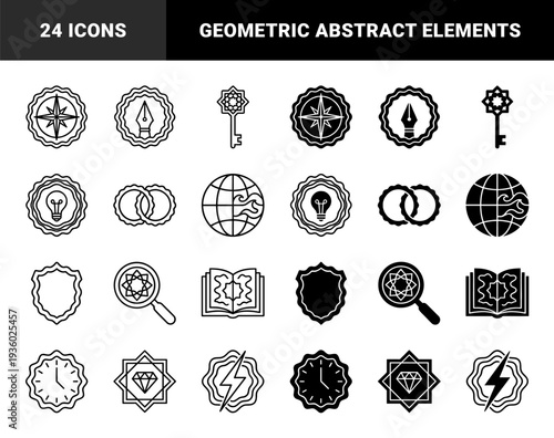 Abstract Hybrid Symbol Set Featuring Geometric Compass Rose Lightbulb Fountain Pen Nibs Magnifying Glass and Celestial Eye Elements in Outline and Solid Styles