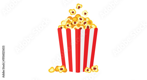 A brightly colored red and white striped popcorn box is depicted overflowing with golden kernels on a clean white background.