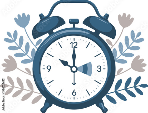 Daylight saving time. Spring forward concept with alarm clock, and floral elements, illustrating 