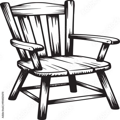 Illustration of a wooden armchair with armrests and a high back on a white background view from the front