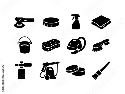 Collection of car wash and detailing equipment icons on a white background