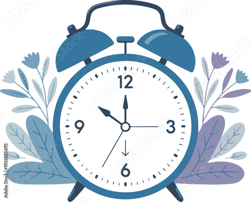 Spring Daylight Saving Time concept with blue alarm clock on white background
