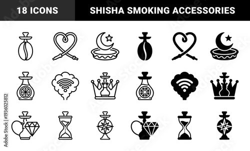 Hookah and Shisha Hybrid Symbols Merging Arabic Smoking Culture with Coffee Bean Heart Hose Crown Diamond Hourglass and Compass Navigation Elements