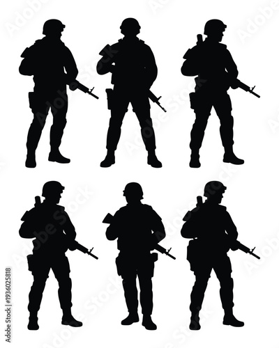 Six armed soldiers in various poses depicted. silhouette vector on white background.